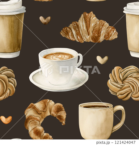 Coffee tea cups and fresh bakery dessert. Hot beverages and pastries. Seamless watercolor pattern on dark black background for bakery coffee shop design, kitchen textile, cozy fabric, wrapping paper Coffee tea cups and fresh bakery dessert. Hot beverages and pastries. Seamless watercolor pattern on dark black background for bakery coffee shop design, kitchen textile, cozy fabric, wrapping paper 121424047