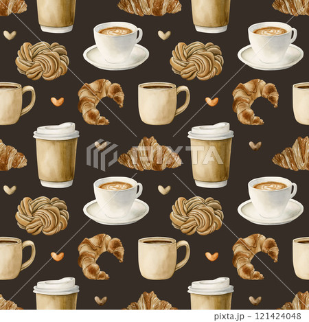Coffee tea cups and fresh bakery dessert. Hot beverages and pastries. Seamless watercolor pattern on dark black background for bakery coffee shop design, kitchen textile, cozy fabric, wrapping paper 121424048