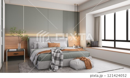A modern bedroom featuring a cozy bed, decorative pillows, wooden accents, and natural light streaming through large windows. 3D rendering A modern bedroom featuring a cozy bed, decorative pillows, wooden accents, and natural light streaming through large windows. 3D rendering 121424052