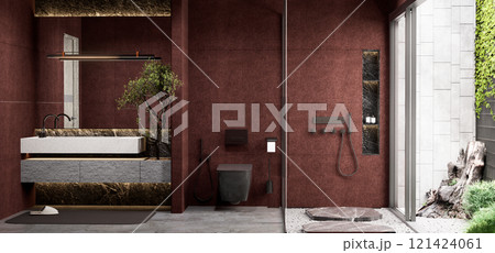 A modern bathroom featuring earthy tones, minimalist design, and natural elements, combining functionality with aesthetic appeal. 3D rendering 121424061