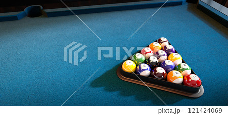 A triangle rack filled with colorful billiard balls set on a blue felt pool table, ready for a game of pool. 3D rendering 121424069