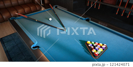 A well-lit pool table with cues and a triangular rack of colored balls, set in a cozy game room ambiance. 3D rendering 121424071