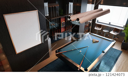 A modern billiard room featuring a sleek pool table, cue sticks, stylish lighting, and a cozy ambiance. 3D rendering A modern billiard room featuring a sleek pool table, cue sticks, stylish lighting, and a cozy ambiance. 3D rendering 121424073