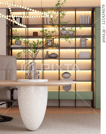 A modern interior with a stylish shelf with warm lighting, decorative items, and a unique table, creating a cozy and inviting atmosphere. 3D rendering 121424079
