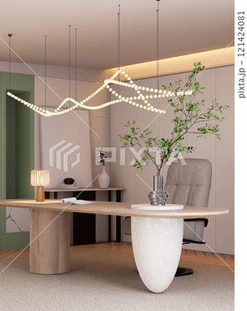 A modern office space with a stylish desk, unique lighting fixtures, and a decorative plant, creating an inviting and minimalist atmosphere. 3D rendering 121424081