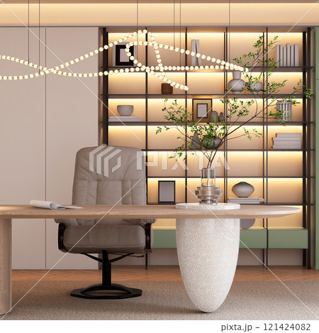 A modern office space with a stylish desk, ergonomic chair, decorative plant, and illuminated shelves, creating a serene and productive environment. 3D rendering 121424082