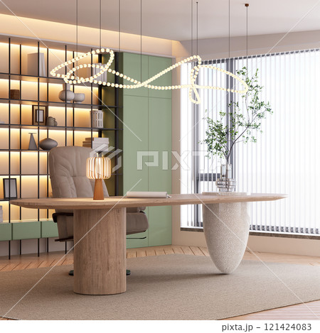 A modern office interior, stylish desk, comfortable chair, decorative lamp, and plant, complemented by a unique light fixture and a minimalist shelving unit. 3D rendering 121424083
