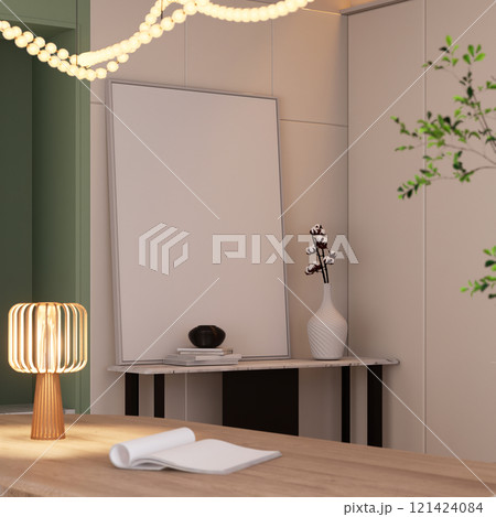 A minimalist interior scene featuring a lamp, a blank canvas, and a vase with flowers on a stylish table. 3D rendering 121424084