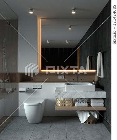 A modern bathroom with sleek fixtures, ambient lighting, and clean lines, creating a minimalist yet functional space. 3D rendering 121424085