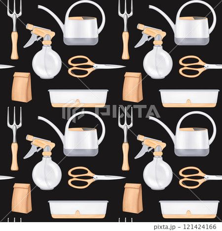 A seamless pattern of garden tools rakes, watering cans, pots and scissors. Tools for a florist to work with plants and soil in greenhouses. Harvesting on the farm. Digital isolated illustration A seamless pattern of garden tools rakes, watering cans, pots and scissors. Tools for a florist to work with plants and soil in greenhouses. Harvesting on the farm. Digital isolated illustration 121424166