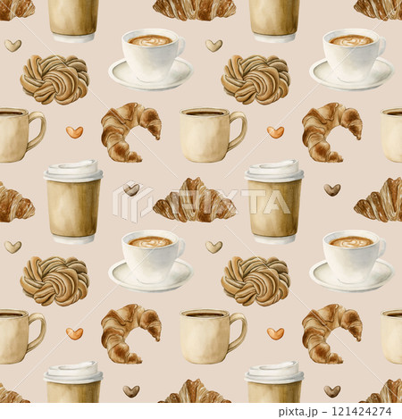 Coffee tea cups and fresh bakery dessert. Hot beverages and pastries. Seamless watercolor pattern on beige background for bakery coffee shop design, kitchen textile, fabric, wrapping paper, cozy print 121424274