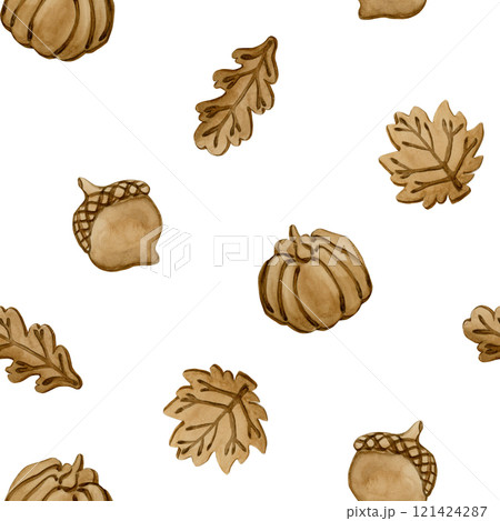 Gingerbread cookies. Autumn leaves, pumpkin and acorn shape. Leafy crust. Watercolor food seamless pattern on white background for bakery design, kitchen textile, delicious fabric, wrapping paper 121424287