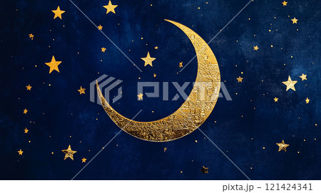A gold and silver crescent moon is surrounded by a cloud of glitter. The image has a dreamy, ethereal quality to it, as if the moon is floating in the sky. The glitter adds a sense of magic 121424341