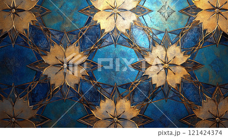 A blue and gold background with many stars and a snowflake. The stars are lit up and the snowflake is lit up as well. Scene is festive and celebratory 121424374