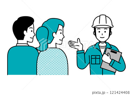 若い夫婦に提案する作業員の男性 若い夫婦に提案する作業員の男性 121424408