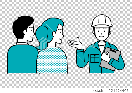 若い夫婦に提案する作業員の男性 若い夫婦に提案する作業員の男性 121424408