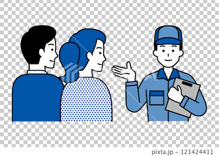 A man in overalls making a proposal to a young couple A man in overalls making a proposal to a young couple 121424411