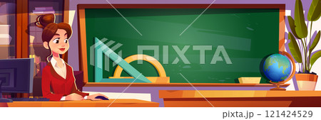 School classroom interior with smiling teacher School classroom interior with smiling teacher 121424529