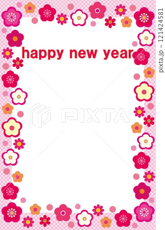 ハッピーニューイヤー　happy new year　フレーム　梅の花　格子模様　ホワイトスペース 121424581