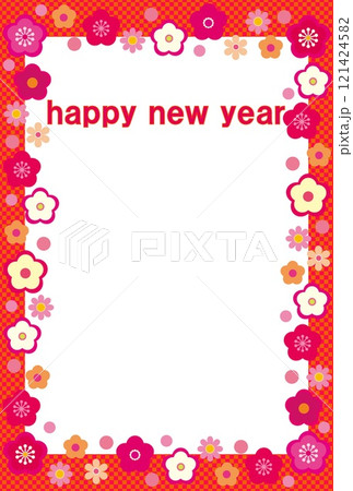 ハッピーニューイヤー happy new year フレーム 梅の花 格子模様 ホワイトスペース ハッピーニューイヤー happy new year フレーム 梅の花 格子模様 ホワイトスペース 121424582