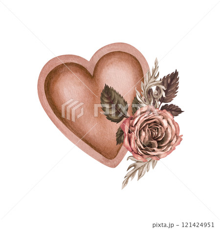 Brown heart with rose flower in mocha mousse palette. Watercolor template illustration. Hand drawn botanical clipart for wedding, Valentine's Day, women's card, poster, mother's day, web design 121424951