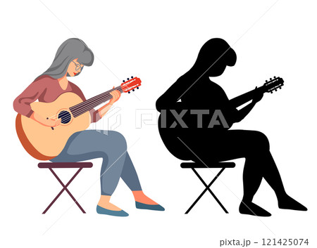 Vector set of flat illustration and black silhouette of old woman playing the guitar isolated from background. 121425074