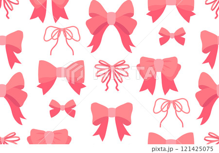 Seamless vector pattern with pink bows in a flat style on white background. Soft and delicate girly texture. Elegant textile 121425075