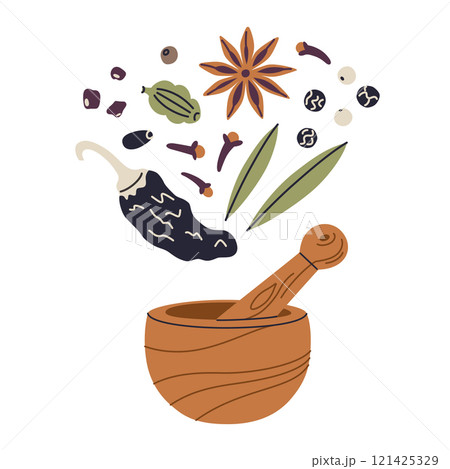 Vector illustration of wooden mortar and pestle with spices like pepper, bay, cardamom, anise, and clove. Flat cartoon style for seasoning, doodle composition kitchen, and cooking themes 121425329