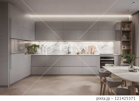 White kitchen interior with dining room and wooden floor. 121425371