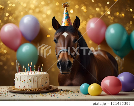 horse in a party hat sitting in front of cake with candles, holiday, congratulations, birthday card 121425393