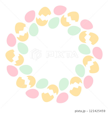 Painted cracked and whole Eggs Round Frame border in trendy Easter shades. Copy space Template idea 121425459
