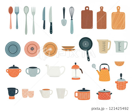 北欧風 キッチンアイテム 白背景 シンプル イラスト 北欧風 キッチンアイテム 白背景 シンプル イラスト 121425492