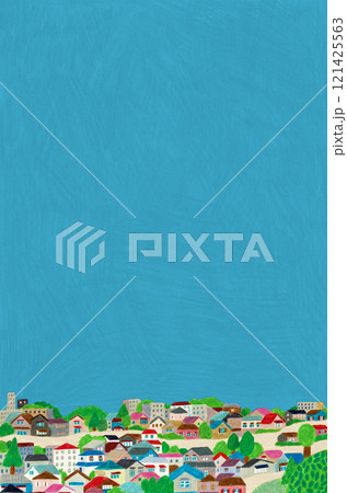 手描きイラスト 空と緑のある街並み 手描きイラスト 空と緑のある街並み 121425563