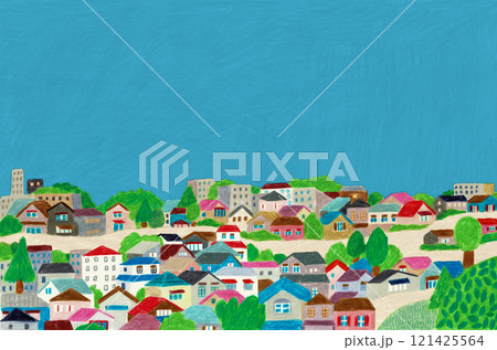 手描きイラスト 空と緑のある街並み 手描きイラスト 空と緑のある街並み 121425564