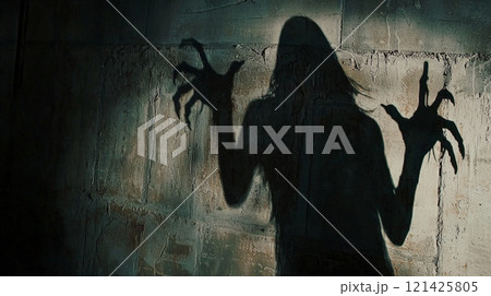 A cinematic wide-angle shot of a shadow cast by a hooded person on a wall. Generative AI 121425805