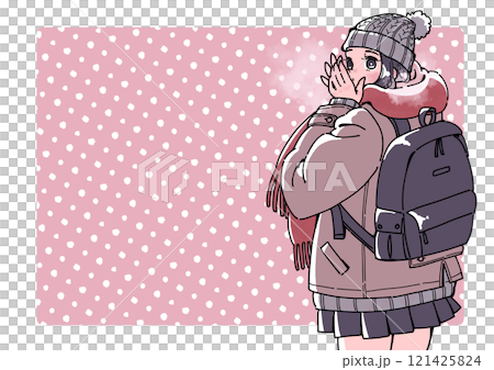 一個女孩溫暖她冰冷的手的插圖 121425824