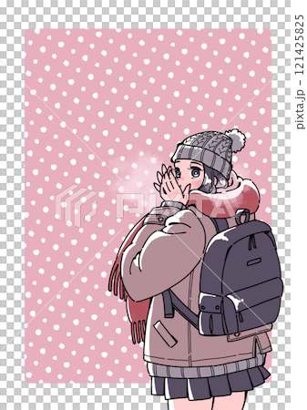 一個女孩溫暖她冰冷的手的插圖 121425825
