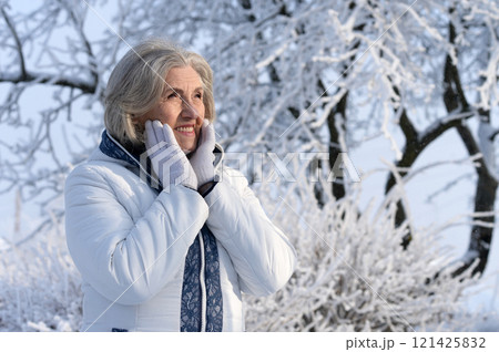 Beautiful elderly woman posing in a snowy winter park 121425832