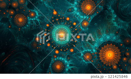 A mesmerizing teal psychedelic texture adorned with dark prismatic blue accents, creating an intense and visually captivating effect.  Generative AI 121425846