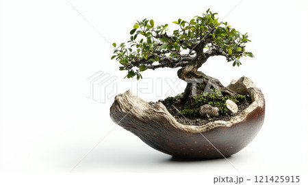 A beautifully captured bonsai tree in a handcrafted clay pot, photographed with stunning realism against a clean white background.  Generative AI 121425915