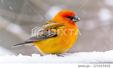 A small yellow bird with a red head sits in the snow on a gray background , copy space 121425928