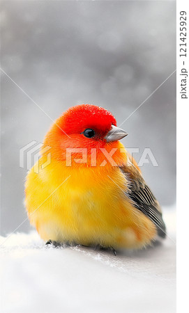 A small yellow bird with a red head sits in the snow on a gray background , copy space 121425929