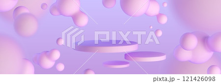 3d floating circular podiums with spherical blobs. 121426098