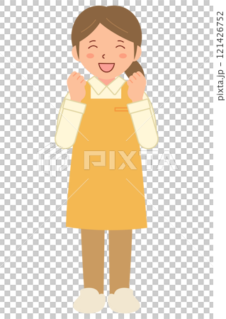 笑顔でガッツポーズをするエプロン姿の女性スタッフ(全身) 笑顔でガッツポーズをするエプロン姿の女性スタッフ(全身) 121426752