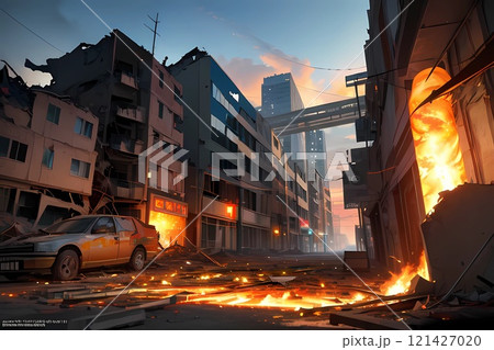 ゲーム背景　SF未来世界　大災害後のスラム街の瓦礫風景 121427020