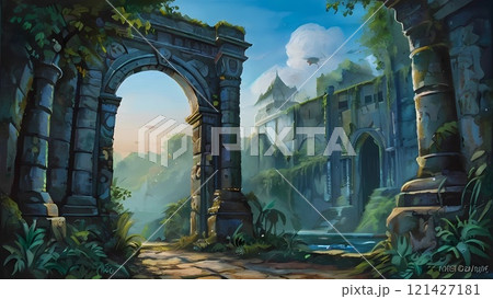 ゲーム背景 壊れた古代文明神殿廃墟と湖と地平線 ゲーム背景 壊れた古代文明神殿廃墟と湖と地平線 121427181