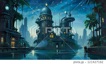 ゲーム背景 壊れた古代文明神殿廃墟と湖と地平線 ゲーム背景 壊れた古代文明神殿廃墟と湖と地平線 121427182