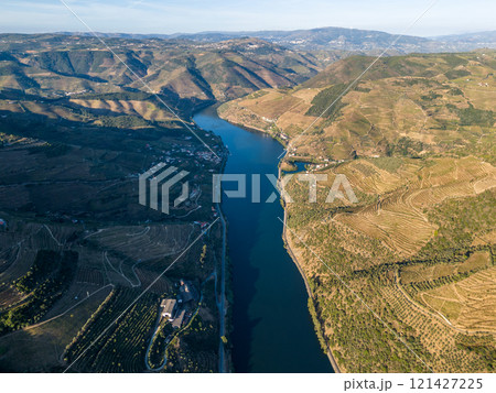 Douro Valley and Douro River on Sunny Morning. Green Hills and Mountains. Portugal 121427225