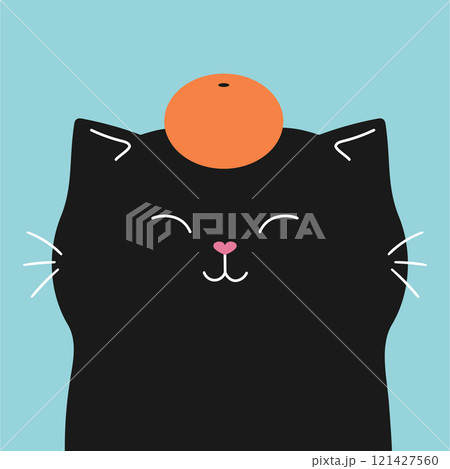 Cute kawaii cat with a tangerine on a head. Vector illustration 121427560