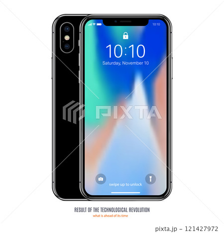 smartphone in black color with colorful screen front and back side on white background. stock vector illustration eps10 smartphone in black color with colorful screen front and back side on white background. stock vector illustration eps10 121427972
